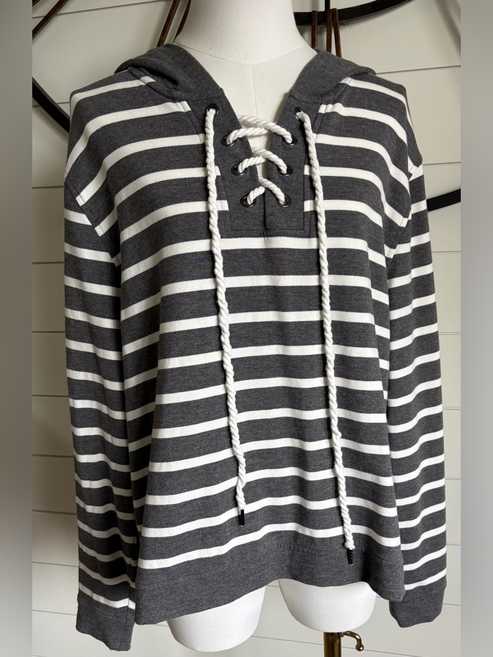 CAbi Nautical Inspired Gray & White Striped Hoodie - Soft French Terry Knit (L) - Picture 6 of 14
